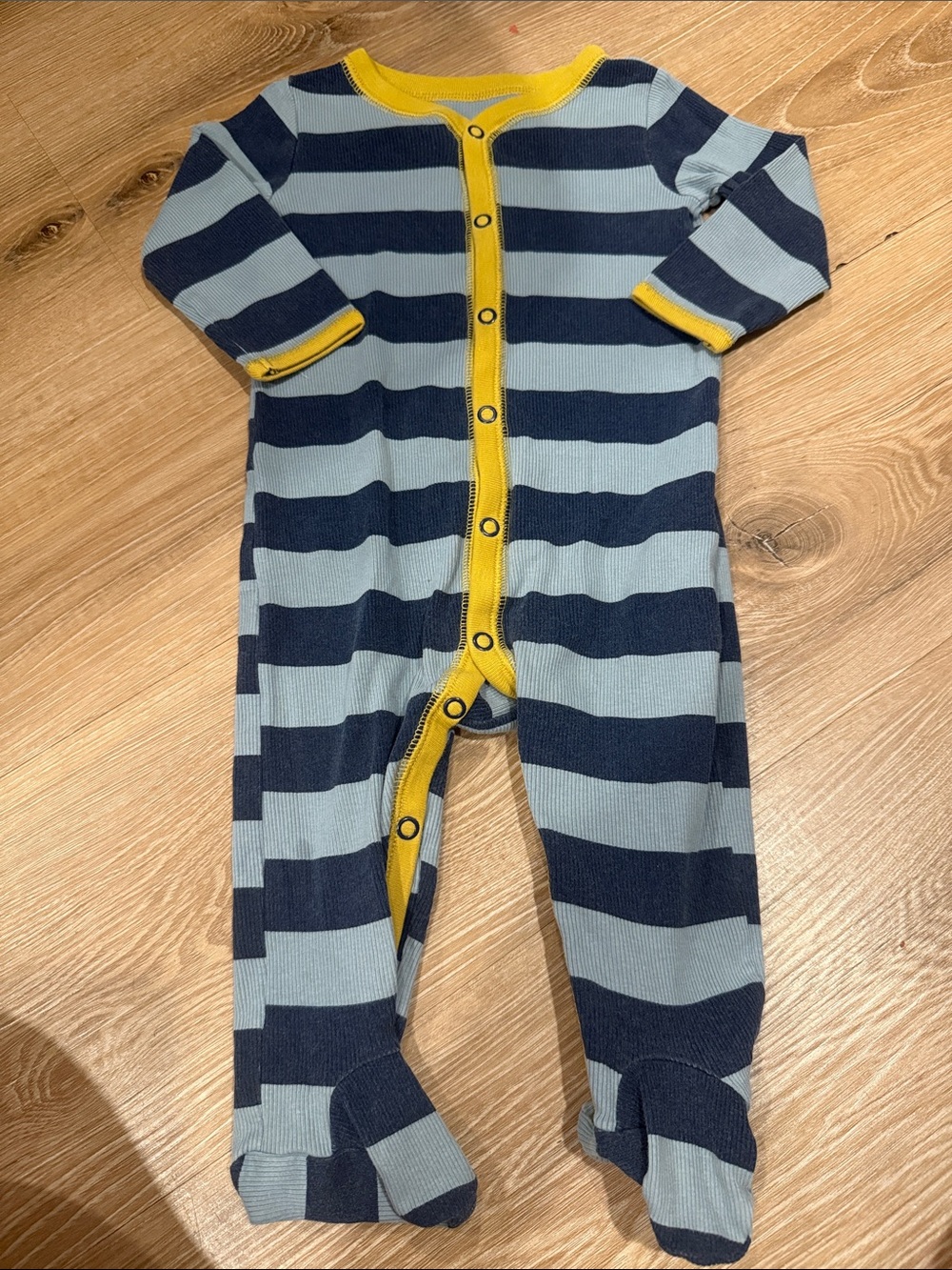 Carter's Navy & Light Blue Striped Footed One-Piece with Yellow Trim